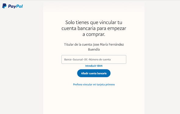 Form to link account or bank card with PayPal.