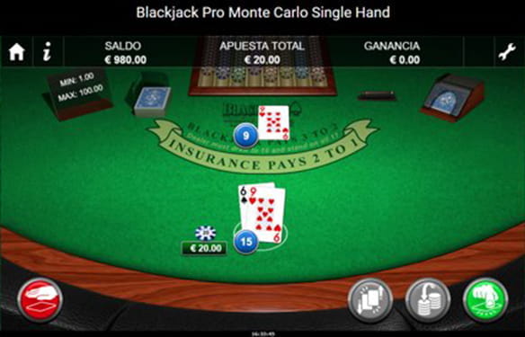 Blackjack table on which there is only one bet of the player, since there is no possibility to make more. The amount wagered is 20 dollars. His hand adds up to 15. The dealer has only one card, which is the 9 of hearts.