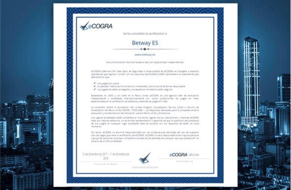 Certificate in African from the eCOGRA laboratory issued in favor of Betway where the transparency and security of the games offered by that operator is corroborated.