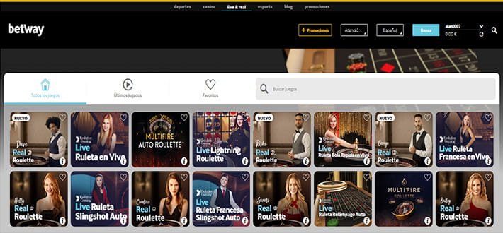 Evolution live roulette wheels available at Betway live online casino in Africa.