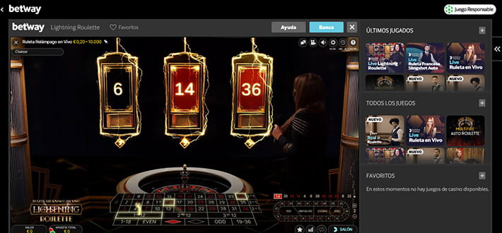 Evolution Lightning live roulette game available at Betway live casino.