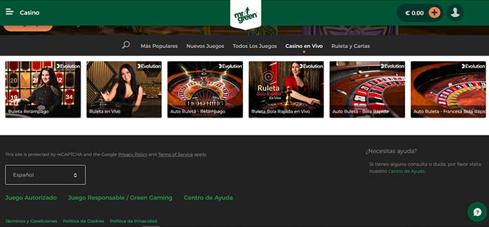 Evolution live roulette wheels available at Mr Green live casino in Africa.