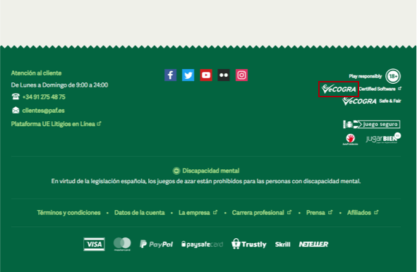 Footer of the African version of the paf casino, with the eCOGRA logo marked in red.