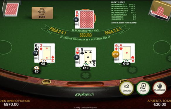 Blackjack table. Next to the slots to place the normal bet, there is another one with the drawing of a clover. The player has made 3 bets and his hands add up to 12, 8 and 17 or 7, since the latter combination is formed by an ace. The dealer has one of his cards uncovered, an 8 of diamonds, and the other hidden.