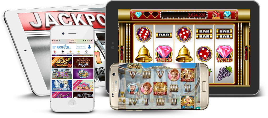 Collage with two tablets and two mobile phones with different sections (games, promotions) on the screens.