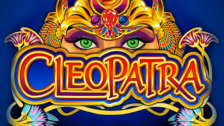 Cleopatra's face with a gold crown with precious stones. The mouth and nose area are covered by the name of the slot, in red letters with a yellow border on a blue background and flowers at the ends.