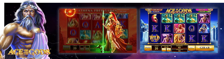Collage of the Age of the Gods slot, with an image of Zeus on the left and the name of the slot at the bottom. To your right, there are two slot games, one during the Athena free spins and one during a normal game.