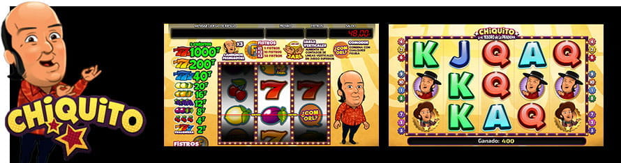 Collage with an image of chiquito on the left and his name at the bottom in yellow letters. To his right, there are two games to the slots that have the humorist as the protagonist: Chiquito, and Chiquito and el tesoro de la pradera.