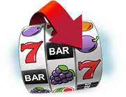 Three reels of a classic machine with its characteristic symbols and a red date that comes out from behind the first reel and passes in front of all the reels until it ends with the tip pointing to one of the symbols on the third reel.