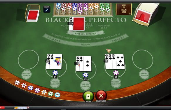 The three hands that the bettor has played are visible on the playing mat. The first adds 20, the second - 12, and the third - 14. In the dealer's hand you see an ace face up and the other card is face down.