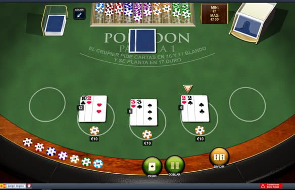 Blackjack table on which the player has placed three bets of $10 each. He has three hands that add up to a 12, another, 6 and the last, 4. The dealer's two cards are face down.
