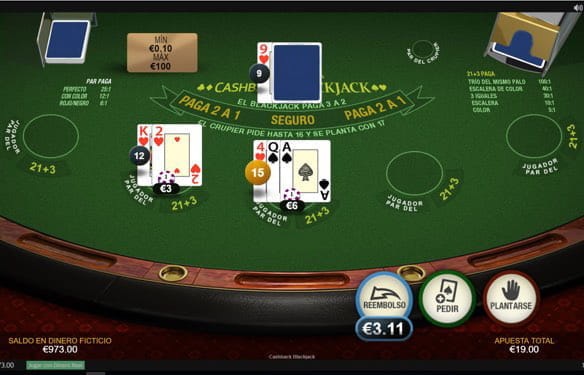 Blackjack table with 5 slots available for betting. The player has only bet on two. One of his hands adds up to 15 and the other to 3. The dealer has a 9 of hearts face up and another hole card.