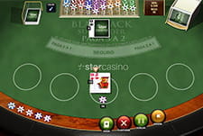 Blackjack table with player's cards and chips at Betsson